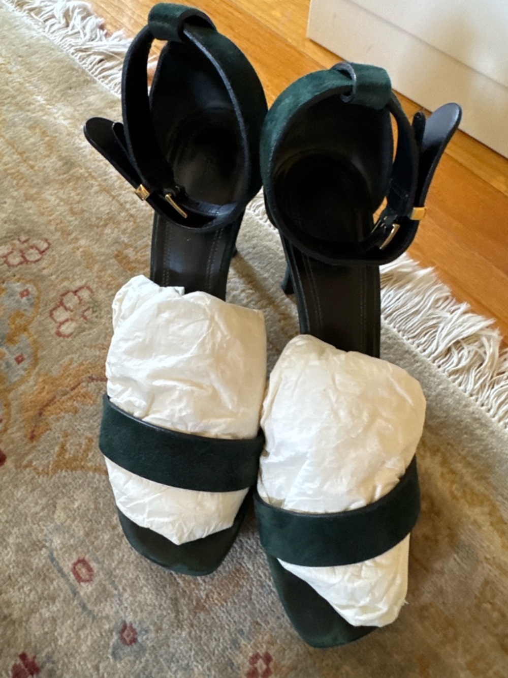 Celine Dark Green Suede Ankle-Strap Heels
